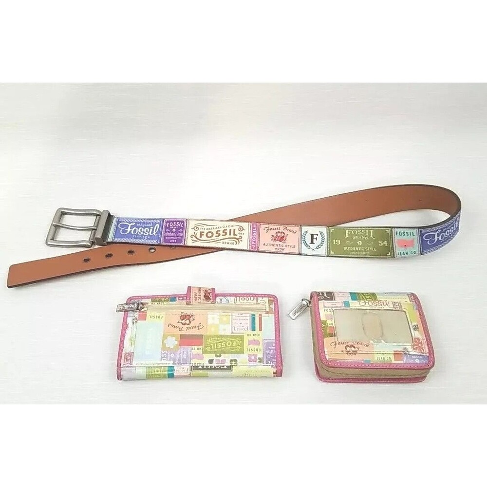 Fossil Belt Wallet Set Y2K Stitch Patchwork Brand Variants Design Vtg Leather